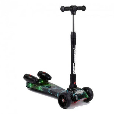 Самокат триколісний з парогенератором та музикою, складне кермо Best Scooter MAXI Чорний із зеленим