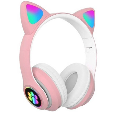 Бездротові Bluetooth навушники з котячими вушками LED з карткою пам'яті B39M Рожеві