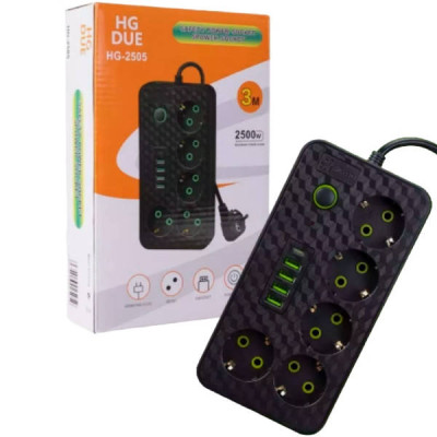 Мережевий фільтр з USB (5×220В+4×USB+1×Type-C) HG-2505 3 метри Чорний