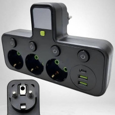 Мережевий фільтр з USB та індивідуальними вимикачами + підсвічування (3×220В+2×USB+1×Type-C) HG-2505 Чорний