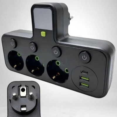 Мережевий фільтр з USB та індивідуальними вимикачами + підсвічування (3×220В+2×USB+1×Type-C) HG-2505 Чорний