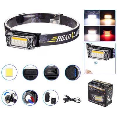 Ліхтар налобний з датчиком руху акумуляторний з магнітом YY-19С-5SMD+COB(white+yellow+red) Чорний