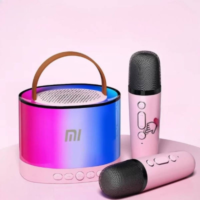 Караоке колонка з 2 мікрофоном та підсвічуванням Bluetooth K52 Рожева