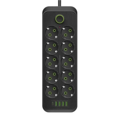 Подовжувач мережевий фільтр 3м 10×220В+4×USB+1×Type-C F26u Чорний