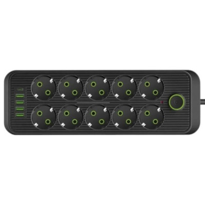 Подовжувач мережевий фільтр 5м 10×220В+4×USB+1×Type-C F26u Чорний