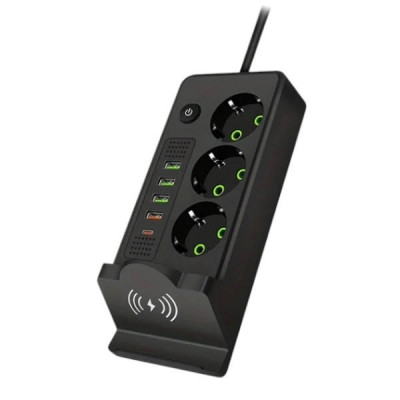 Подовжувач мережевий фільтр з бездротовою зарядкою 5м 3×220В+4×USB+1×Type-C Чорний