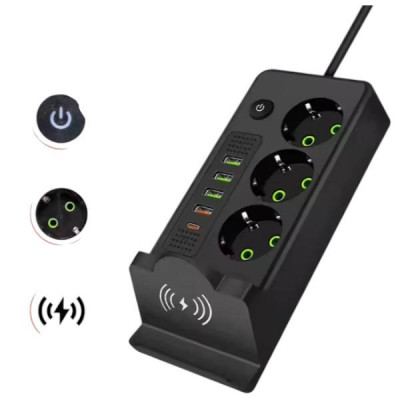 Подовжувач мережевий фільтр з бездротовою зарядкою 3м 3×220В+4×USB+1×Type-C Чорний