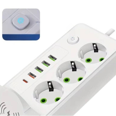 Подовжувач мережевий фільтр з бездротовою зарядкою 3м 3×220В+4×USB+1×Type-C Білий
