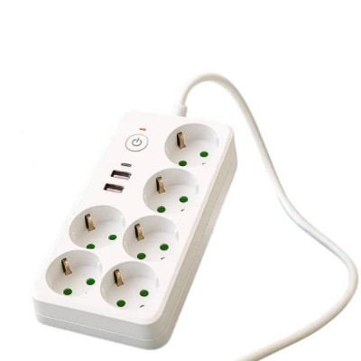 Подовжувач 6*220V, 2USB, 1 Type-C 2500W 3м Power Socket Білий