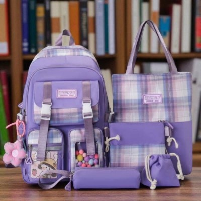 Набір 5в1 шкільний рюкзак, сумка, клатч, пенал та мішечок MFG-2-618 Purple Фіолетовий з кліткою та кольоровими