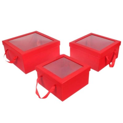 Коробка подарункова квадратна з оглядовим віконцем M-21x21x11см W1633 Червона