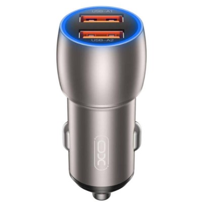 Автомобільний зарядний пристрій для гаджетів та смартфонів XO CC52 Metal Smart Dual USBQC3.0 36W Car Charger TYPE-C cable Сіре