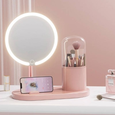 Дзеркало з LED підсвічуванням кругле + органайзер для зберігання косметики 6016 Рожеве