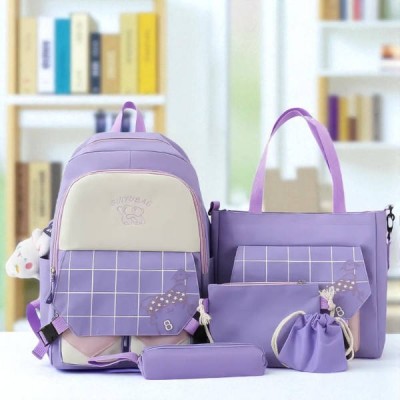 Набір 5в1 шкільний рюкзак GuiyuBag, сумка, клатч, пенал та мішок MFG-612Purple Фіолетовий з білою кліткою