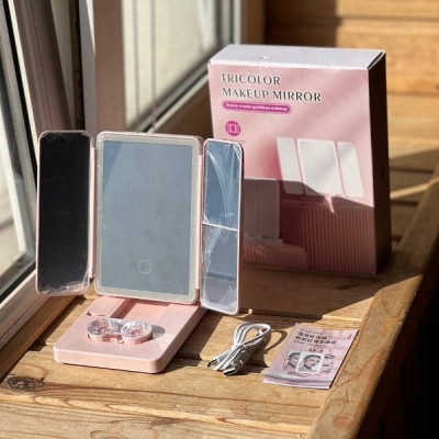 Дзеркало для макіяжу потрійне з підсвічуванням makeup mirror AND 1431 Рожеве