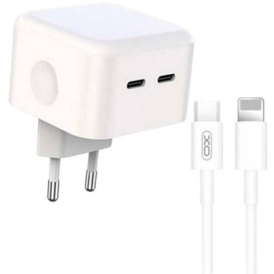 Мережевий зарядний пристрій блок живлення XO L102 35W dual Type-c port fast charger with Lightning cable