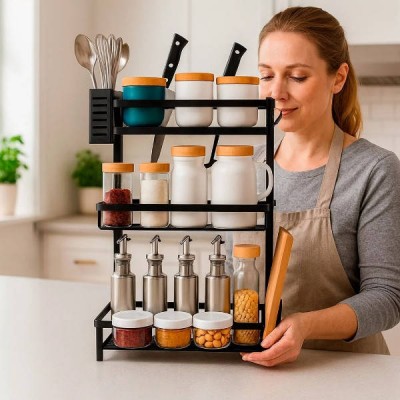 Полиця-стелаж кухонна 3-х рівнева розбірна kitchen shelf 60*30см AND 228 Чорна