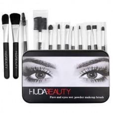 Набір пензлів для макіяжу в металевій коробочці 12 шт HUDA BEAUTY face and eyes