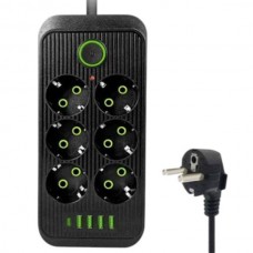 Мережевий фільтр подовжувач 2м, 6 розеток 4*USB+Type-C Power-Socket F06U Чорний