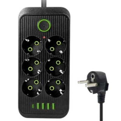 Мережевий фільтр подовжувач 2м, 6 розеток 4*USB+Type-C Power-Socket F06U Чорний