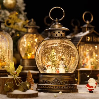 Новорічний нічник Вінтажний ліхтар зі сніговиками круглий XMAS WDL-2103C Коричневий