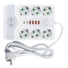 Подовжувач фільтр з бездротовою зарядкою 5м LED, 6-220V, 4-USB, 2-PD Type-C PNS-08 Білий