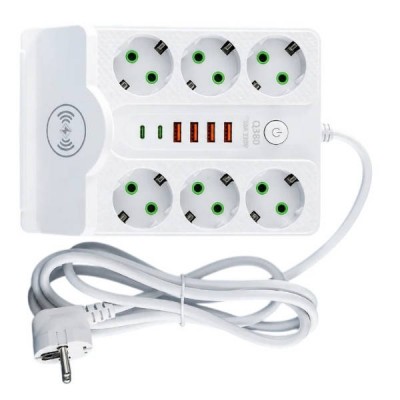 Подовжувач фільтр з бездротовою зарядкою 5м LED, 6-220V, 4-USB, 2-PD Type-C PNS-08 Білий