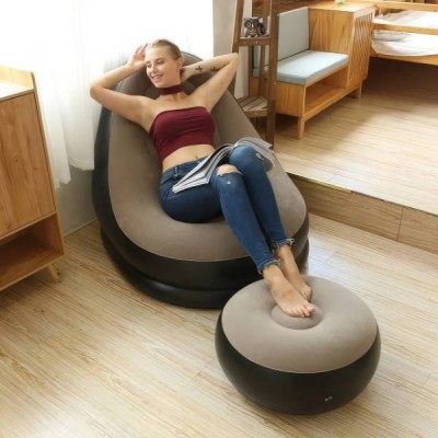 Надувний диван AIR SOFA | Надувне велюрове крісло з пуфиком Чорний з бежевим