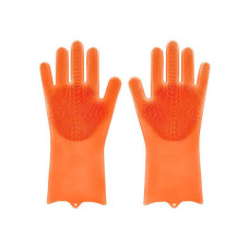 Силіконові рукавички для миття та чищення Magic Silicone Gloves з ворсом Помаранчеві