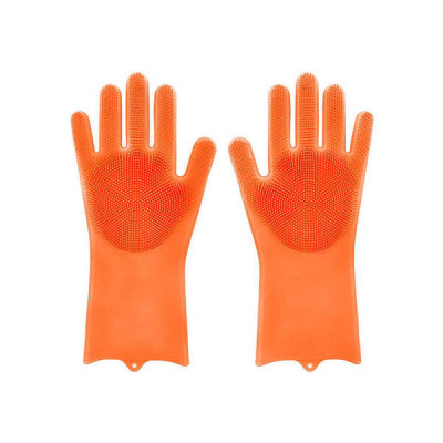 Силіконові рукавички для миття та чищення Magic Silicone Gloves з ворсом Помаранчеві