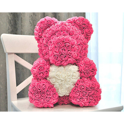Ведмедик з серцем з 3D троянд Teddy Rose 40 см Рожевий з білим серцем + подарункова упаковка