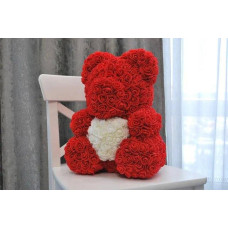 Ведмедик з серцем з 3D троянд Teddy Rose 40 см Червоний з білим серцем + подарункова упаковка