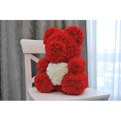 Ведмедик з серцем з 3D троянд Teddy Rose 40 см Червоний з білим серцем + подарункова упаковка