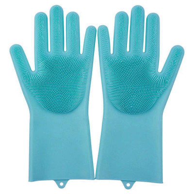 Силіконові рукавички для миття та чищення Magic Silicone Gloves з ворсом Блакитні