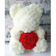 Ведмедик з серцем з 3D троянд Teddy Rose 40 см Білий + подарункова упаковка