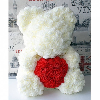 Ведмедик з серцем з 3D троянд Teddy Rose 40 см Білий + подарункова упаковка