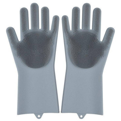 Силіконові рукавички для миття та чищення Magic Silicone Gloves з ворсом Сірі